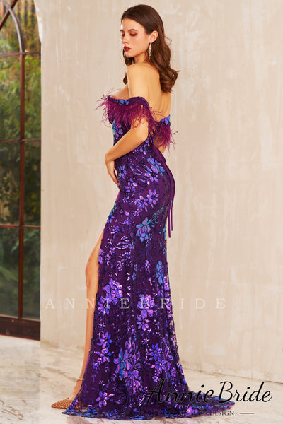 Charming Mermaid Off the Shoulder Purple Sequins Long Prom Dresses with Slit AB122202