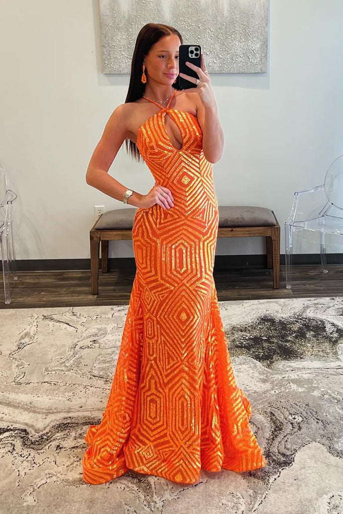 Orange Halter Keyhole Sequins Mermaid Long Prom Dress AB4022603 Anniebride Orange Halter Keyhole Sequins Mermaid Long Prom Dress AB4022603 Anniebride