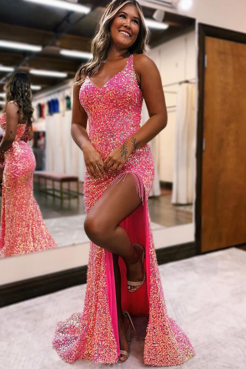 Charming Mermaid V Neck Blue Sequins Long Prom Dresses with Beading AB102702