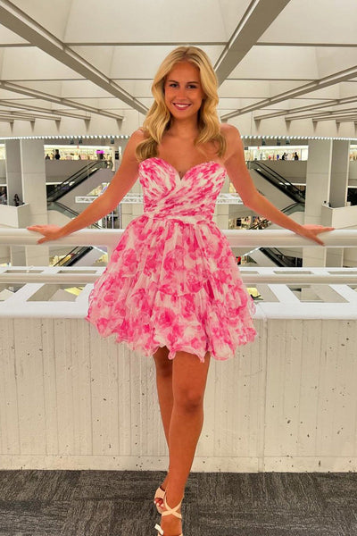 Cute A Line Sweetheart Blue Floral Print Short Homecoming Dresses AB24080306