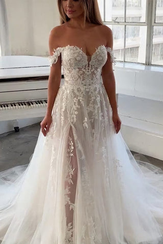 Fairy A Line Off the Shoulder Tulle Lace Wedding Dresses with Slit ABWD061811