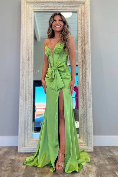Cute Mermaid V Neck Green Satin Prom Dress with Slit AB25022605