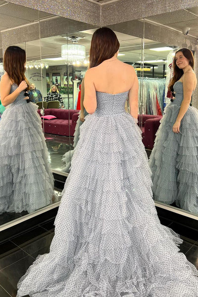 Pretty A Line Strapless Ruffle Tiered Tulle Prom Dress with Bow AB4050901