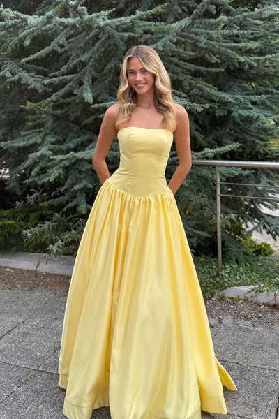 A Line Strapless Yellow Satin Long Prom Dress AB26080603