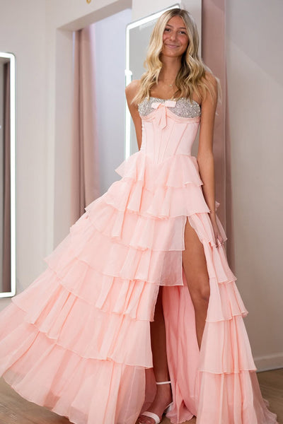 A Line Strapless Pink Chiffon Ruffle Tiered Prom Dress with Slit AB021507