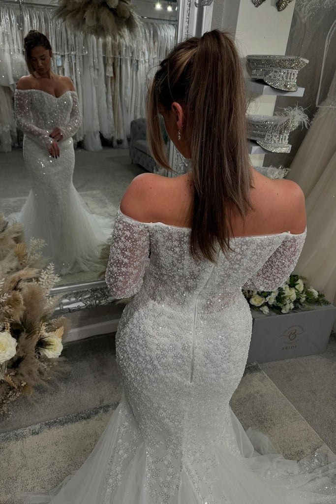Gorgeous Mermaid Off the Shoulder Glitter Sequins Lace Bridal Dresses with Sleeves Anniebride Gorgeous Mermaid Off the Shoulder Glitter Sequins Lace Bridal Dresses with Sleeves Anniebride