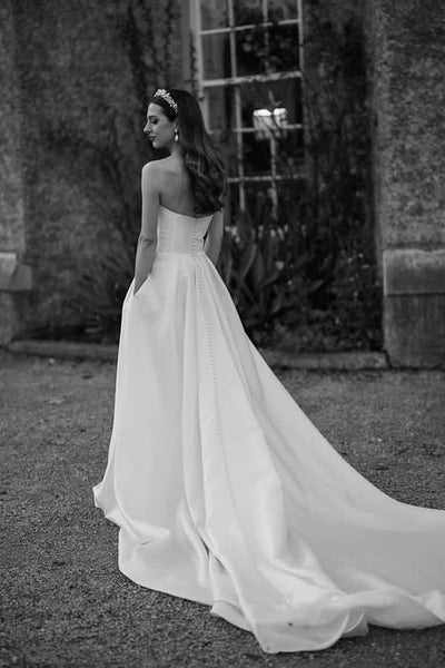Fairy A Line V Neck Satin Long Wedding Dresses AB24100501