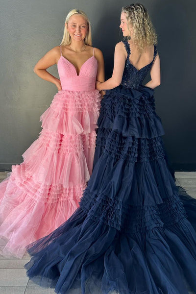 Ball Gown V Neck Pink Ruffle Tiered Long Prom Dress AB4020801