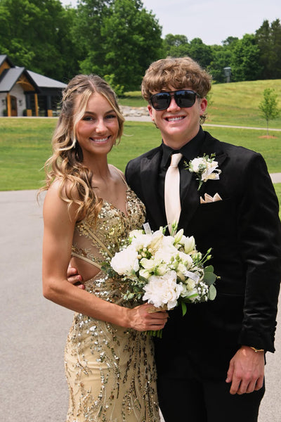 Sparkly Mermaid V Neck Gold Sequins Lace Prom Dress AB26052407