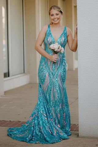 Blue V Neck Sequin Mermaid  Long Prom Dress AB4030202