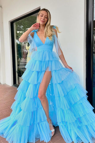 A-Line V Neck Blue Ruffle Tiered Tulle Long Prom Dress with Slit AB4032802