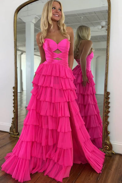 A Line Sweetheart Fuchsia Chiffon Tiered Long Prom Dress AB26031807