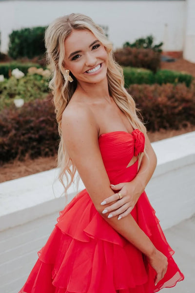 Cute A Line V Neck Keyhole Red Tiered Chiffon Homecoming Dress AB25100409