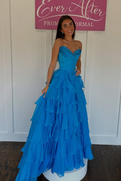 Fairy A Line Sweetheart Blue Chiffon Tiered Slit Prom Dress AB25092703