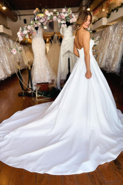 Simple Strapless White Satin Wedding Dresses with Pockets AB4050701