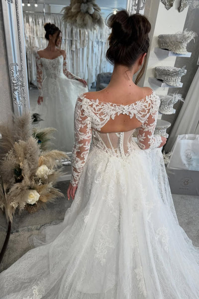 Elegant A Line Off the Shoulder Lace Tulle Wedding Dress with Long Sleeves AB26010403