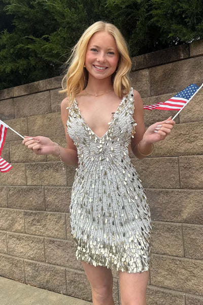 Cute Bodycon V Neck White Sequins Homecoming Dress AB26052610