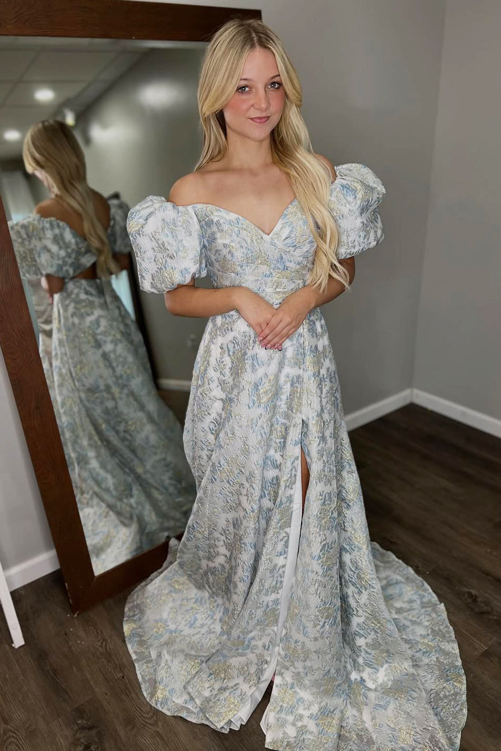 Gorgeous A Line Off the Shoulder Jacquard Satin Long Prom Dress with Slit AB25100701
