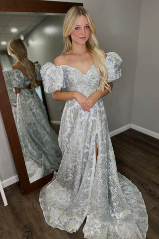 Gorgeous A Line Off the Shoulder Jacquard Satin Long Prom Dress with Slit AB25100701