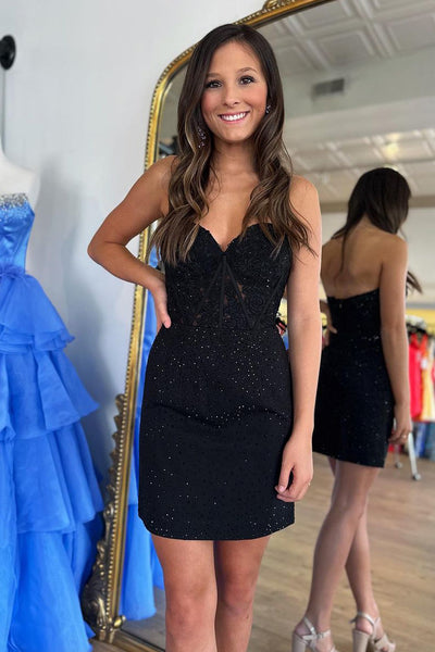 Cute Bodycon Sweetheart Black Lace Short Homecoming Dresses AB092403