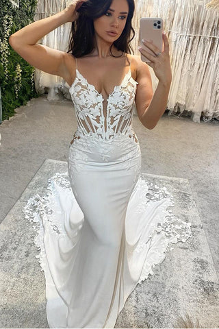 Elegant Mermaid V Neck Elastic Satin Long Wedding Dresses with Appliques AB24101005
