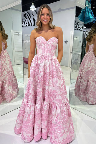 Cute A Line Sweetheart Pink Jacquard Satin Long Prom Dress with Pockets AB25010604