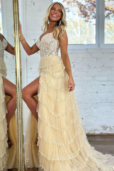 Cute A Line Sweetheat Champagne Tulle Cupcake Tiered Prom Dress with Beading AB112406