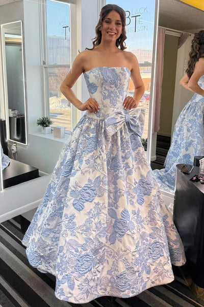Gorgeous Ball Gown Strapless Jacquard Satin Long Prom Dress with Bow AB32122906