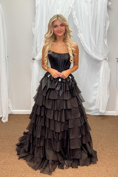 Cute A Line Scoop Neck Black Chiffon Tiered Prom Dress AB25101404