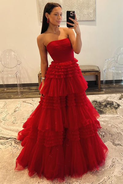 Princess Strapless Red Ruffle Tiered Tulle Long Prom Dresses AB4030302