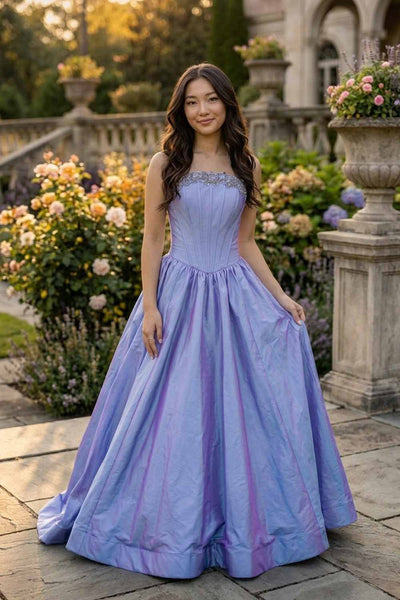 Gorgeous A Line Strapless Lavender Taffeta Satin Prom Dress with Beading AB26102903