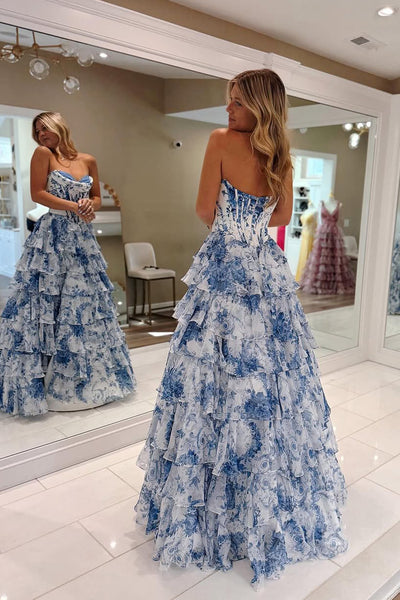 A-Line Sweetheart Floral Printed Ruffle Tiered Long Prom Dresses with Slit AB25031606