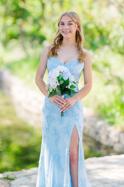 Mermaid Sweetheart Light Blue Lace Long Prom Dress with Slit AB26060109