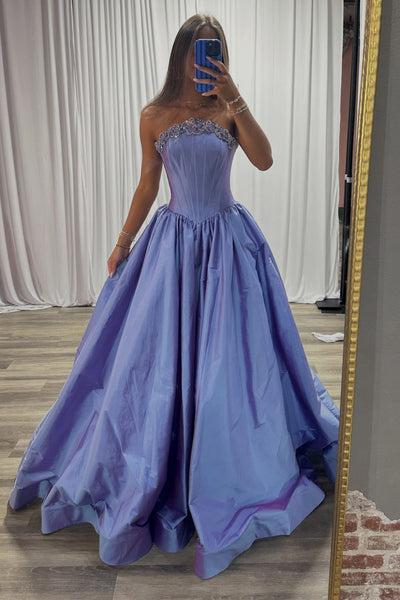 Gorgeous A Line Strapless Blue Satin Prom Dress with Beading AB26102502