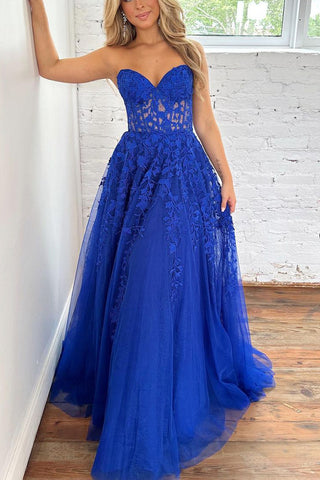 New arrival A-Line Sweetheart Royal Blue Tulle Long Prom Dresses with Appliques AB061810