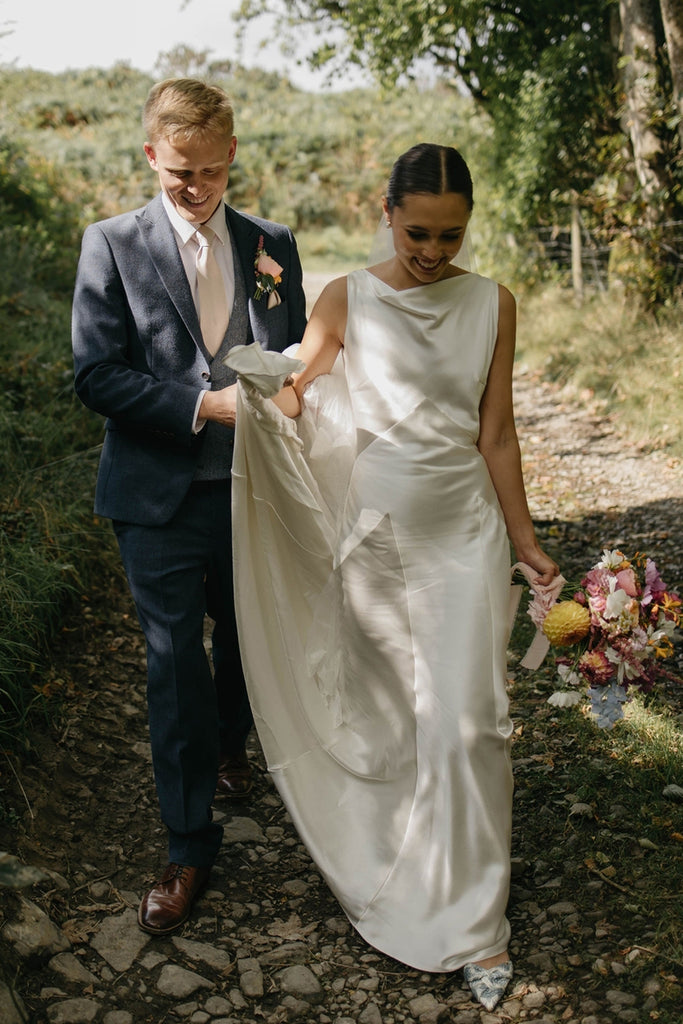 Romantic Sheath Cowl Neck Silk Satin Beach Wedding Dresses AB24102209 Anniebride Romantic Sheath Cowl Neck Silk Satin Beach Wedding Dresses AB24102209 Anniebride