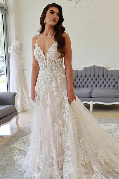 Boho A Line V Neck Tulle Wedding Dress with Appliques AB26060301