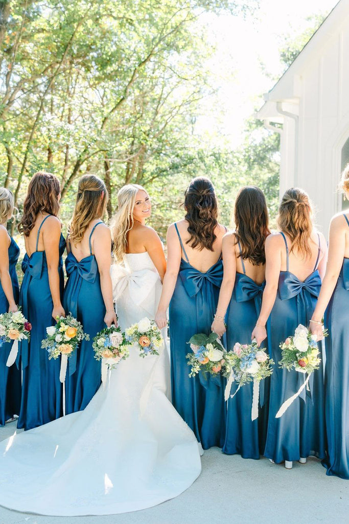 Blue Silk Satin Spaghetti Straps Mermaid Bridesmaid Dress with Bow AB4040702 Anniebride Blue Silk Satin Spaghetti Straps Mermaid Bridesmaid Dress with Bow AB4040702 Anniebride