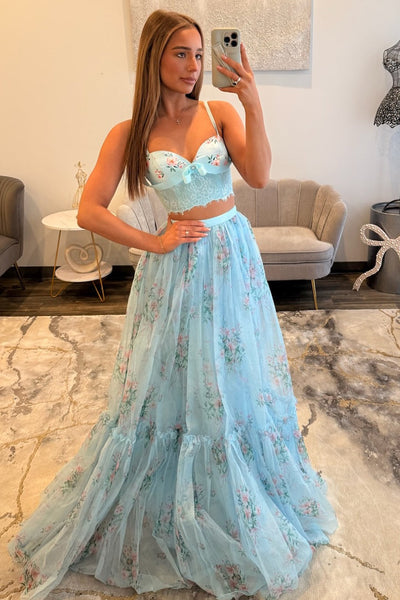 Cute Two Piece Sweetheart Light Blue Floral Appliques Prom Dress AB021504