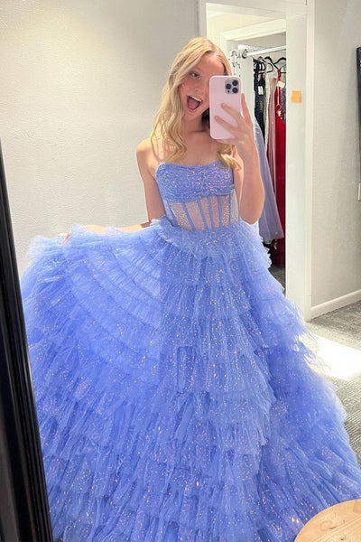 Cute Ball Gown Sweetheart Blue Sparkly Tulle Long Prom Dresses AB112104