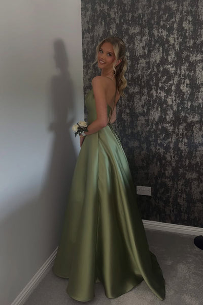 A Line V Neck Staps Green Satin Prom Dress with Pockets AB26062204