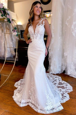 Gorgeous Mermaid V Neck Satin Long Wedding Dresses with Appliques AB24100902