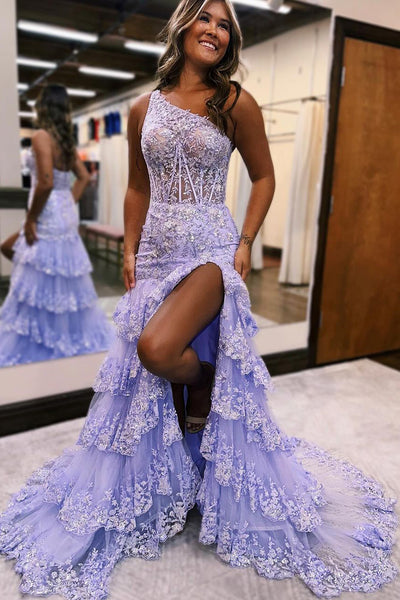Sparkly One Shoulder Lavender Lace Long Prom Dresses with Slit AB101503