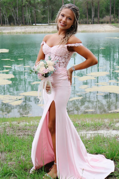 Stunning Mermaid Off the Shoulder Light Pink Satin Prom Dress with Appliques AB26041905