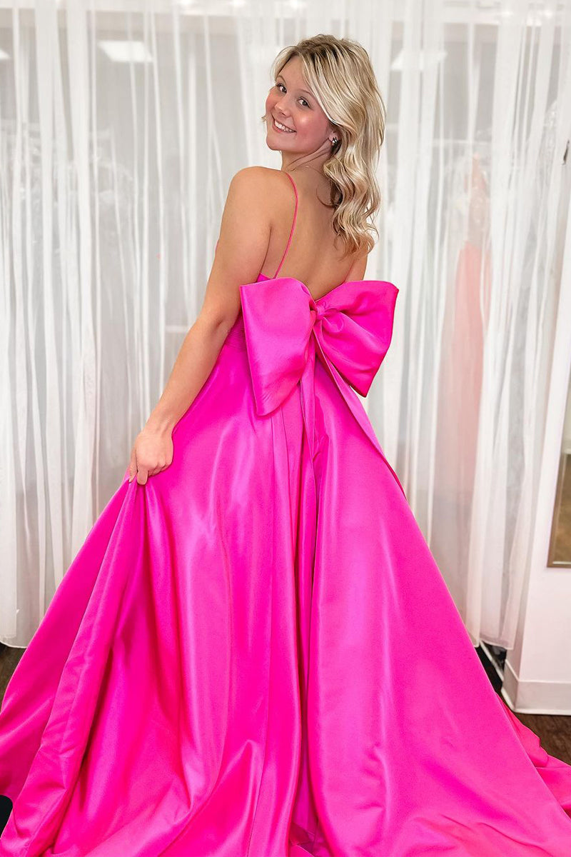 Fuchsia Scoop Neck Satin Back Bow A-Line Prom Dresses AB4030404