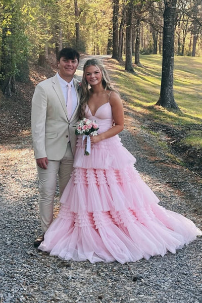 Cute A Line V Neck Light Pink Tulle Tiered Long Prom Dress with Slit AB26040614
