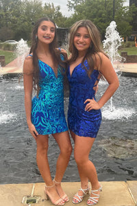 Cute Bodycon V Neck Blue Sequins Short Homecoming Dresses AB101003