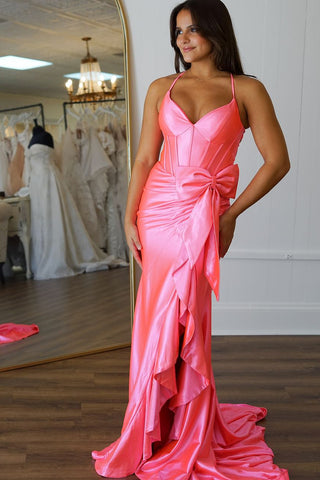 Cute Mermaid V Neck Pink Satin Long Prom Dresses with Bow AB24102302