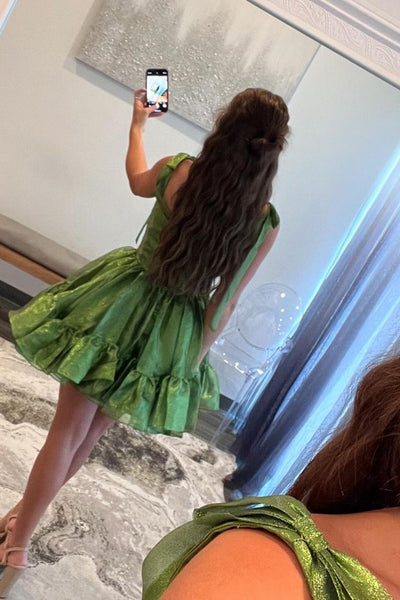 Cute A-Line Straps Sage Green Ruffle Satin Short Homecoming Dresses AB24082906