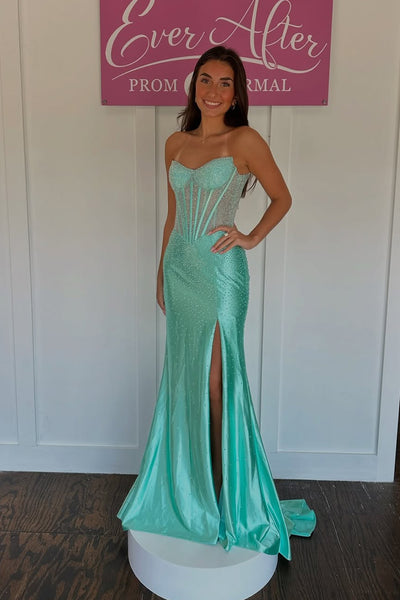 Cute Marmaid Scoop Neck Satin Long Prom Dress with Hot Stone AB25092905